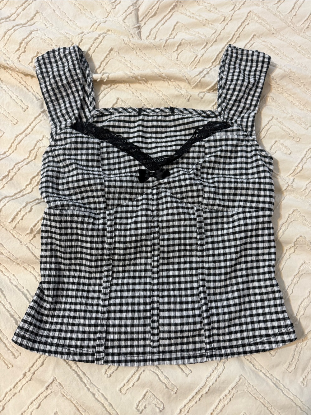 Black and White Gingham Lace-Trim Women's Tank Top